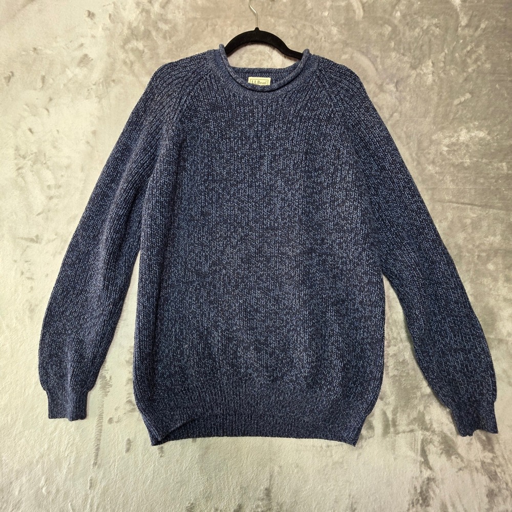 LL Bean Mens XL Blue Marl Cotton Shaker Stitch Raglan Crewneck Sweater 0YR04